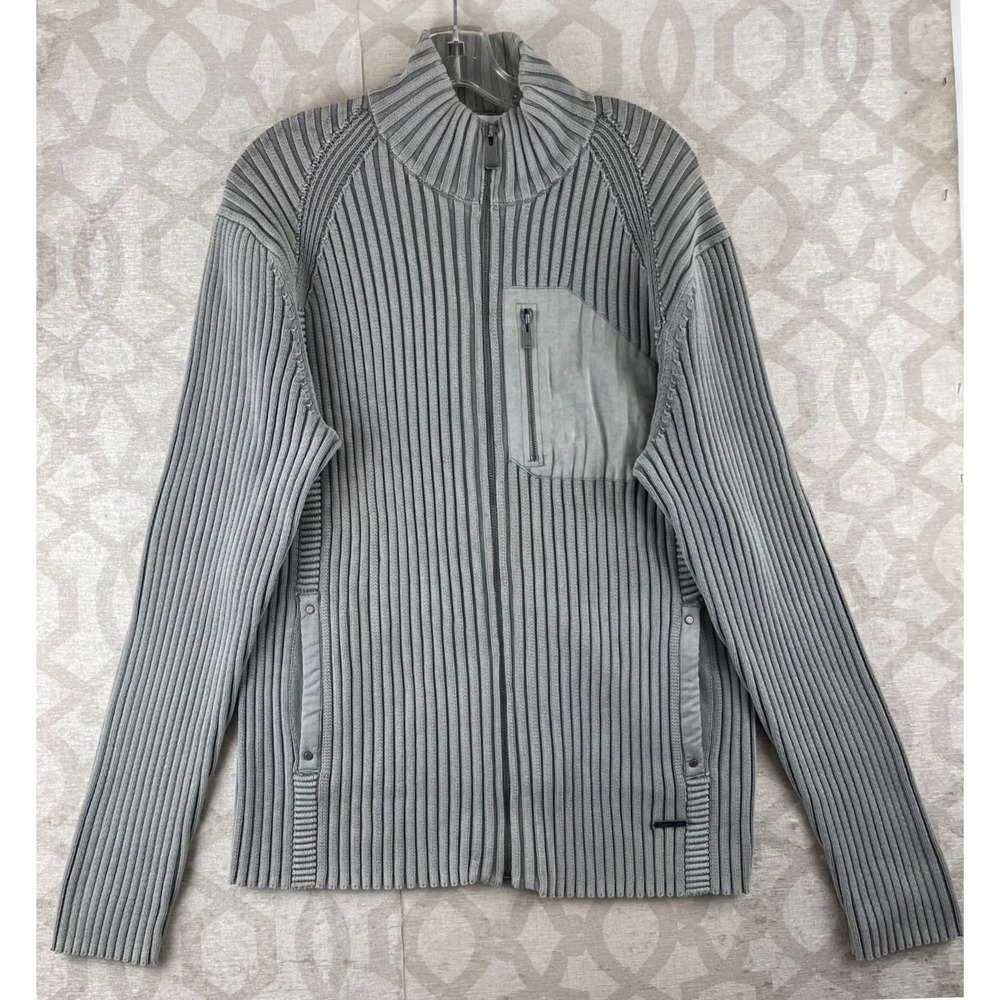 Calvin Klein Full Zip Cardigan Mens Large Grey Ribbed Knit Pocket Sweater - Picture 9 of 9